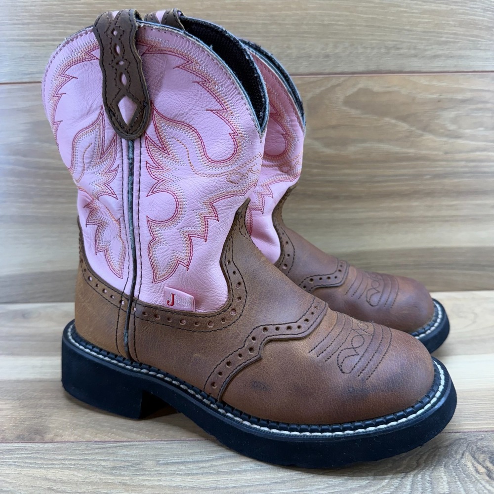Justin‎ Gypsy Boots Womens 5 Brown Pink Leather Western Cowgirl Short - Picture 2 of 11